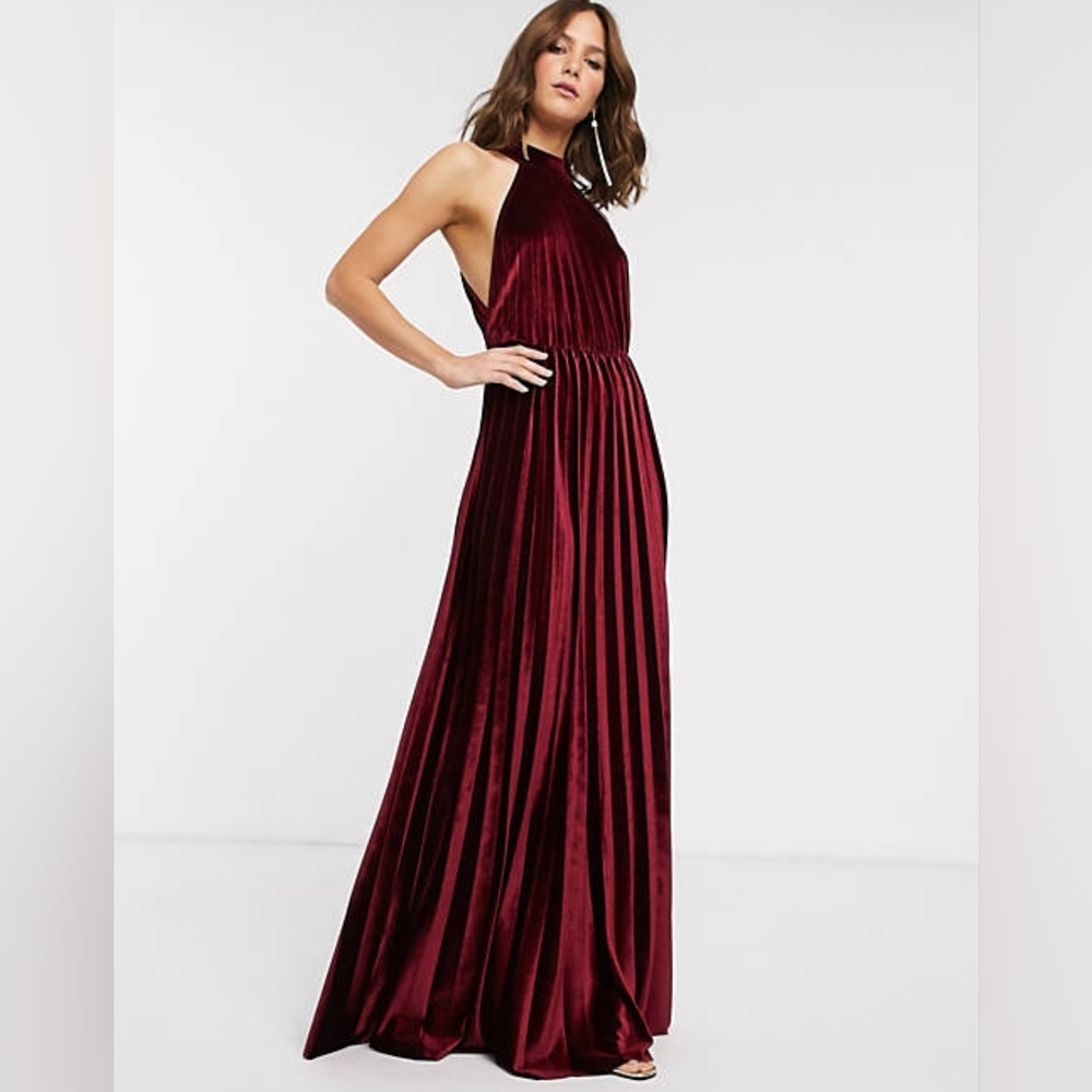 ASOS Design Velvet Halter Pleated Waisted  Formal Maxi Dress Size 10